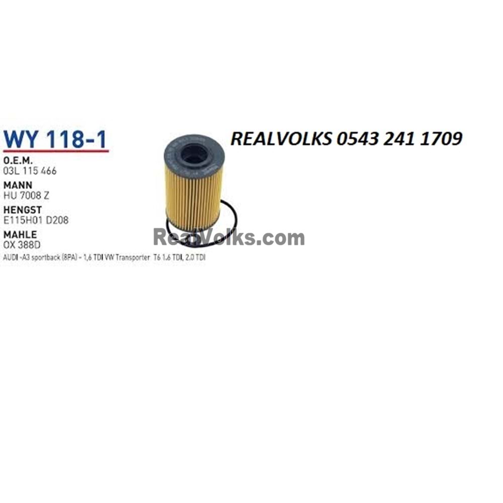 WUNDER WY118/1 YAĞ FİLTRESİ - AUDI -A3 sportback (8PA) - 1,6 TDİ